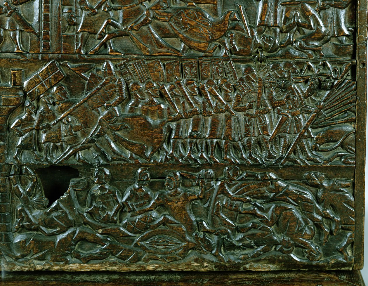 El cofre de Courtrai que representa la línea de batalla flamenca durante la Batalla de las Espuelas de Oro, luchada en Courtrai en 1302 (detalle) de Flemish School