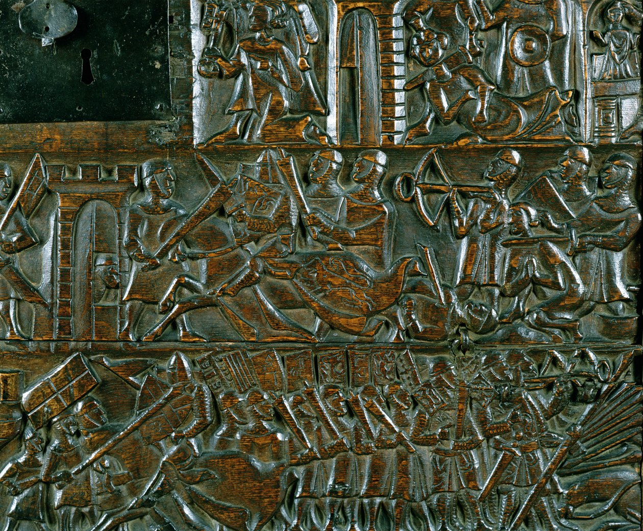 El cofre de Courtrai que representa dos escenas de la Batalla de las Espuelas de Oro luchada en Courtrai en 1302 (detalle) de Flemish School