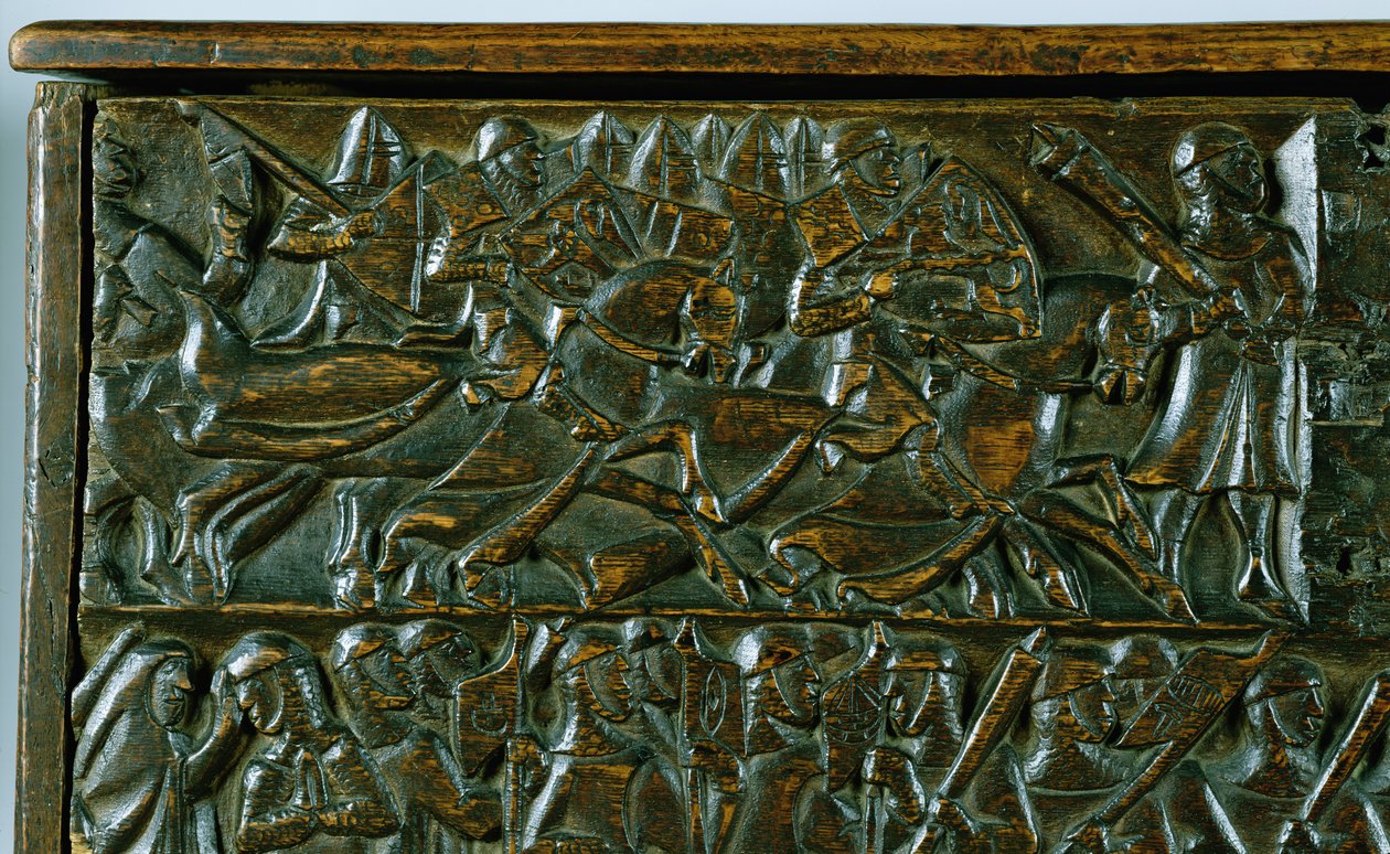 El cofre de Courtrai que representa dos escenas de la Batalla de las Espuelas de Oro luchada en Courtrai en 1302 (detalle) de Flemish School