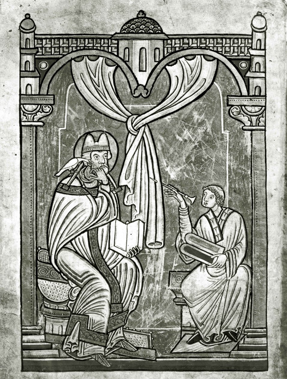 El éxtasis de San Gregorio (c.540-604) vislumbrado por el diácono Pedro a través de una cortina perforada por su estilete de Flemish School