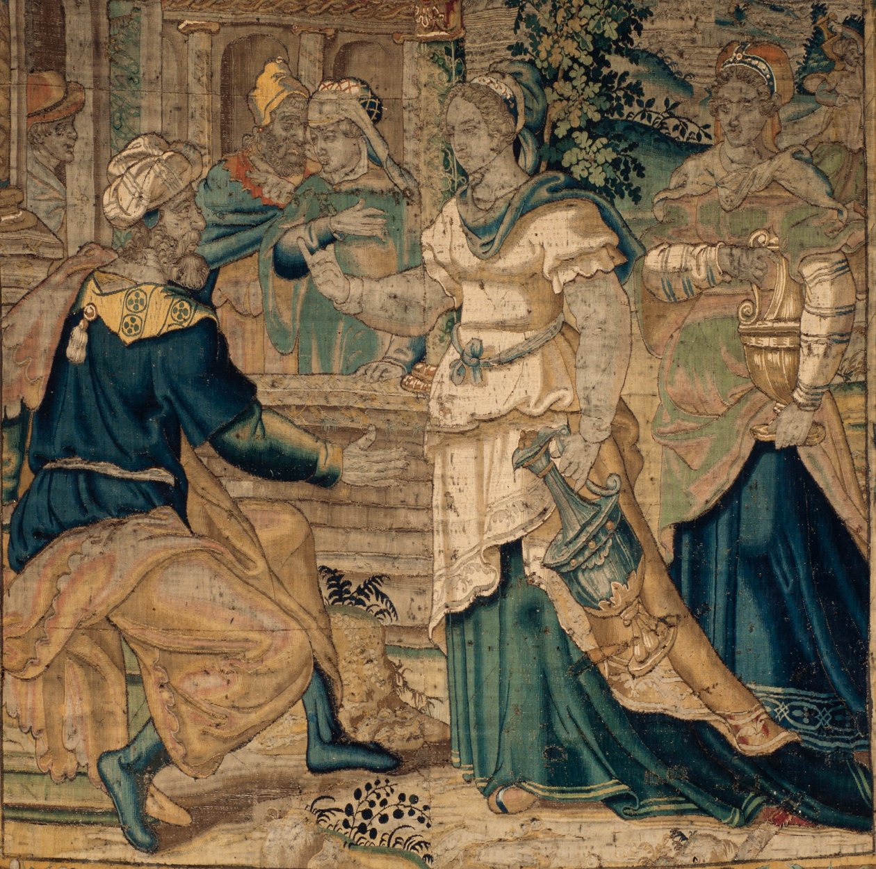 Las colecciones universitarias. Tapiz flamenco. Las hijas de Jetro le cuentan a su padre sobre su encuentro con Moisés. Detalle. Oudenaarde. 1550 aprox. de Flemish School