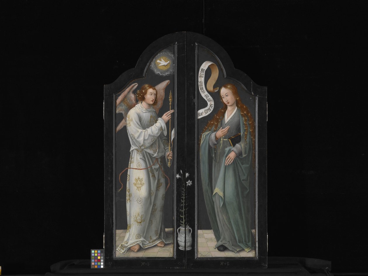 Tríptico con la Virgen y el Niño, Santa Bárbara y Santa Catalina (óleo sobre madera) de Flemish School