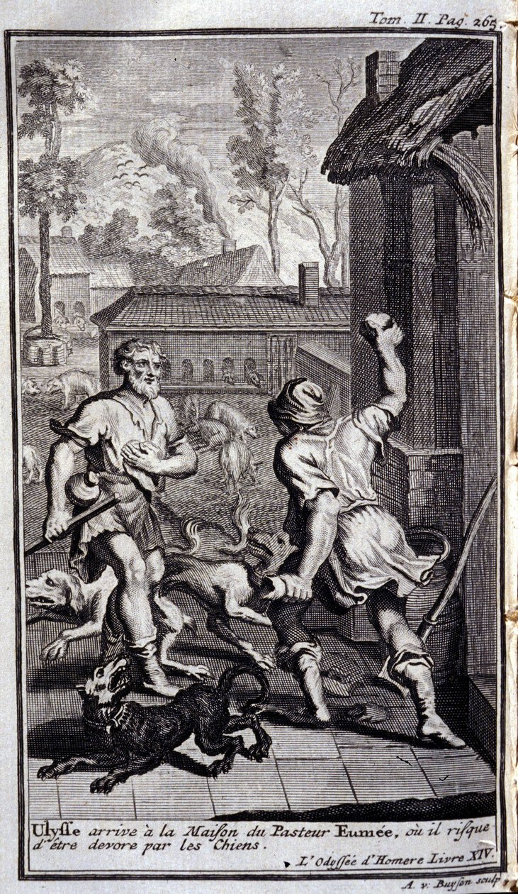 Ulises llega a la casa del Pastor Eumeo, o puede ser devorado por perros. Ilustración para el libro XIV de la Odisea de Homero, en la Odisea, publicada en Ámsterdam en 1731, Colección privada Milán. de Flemish School