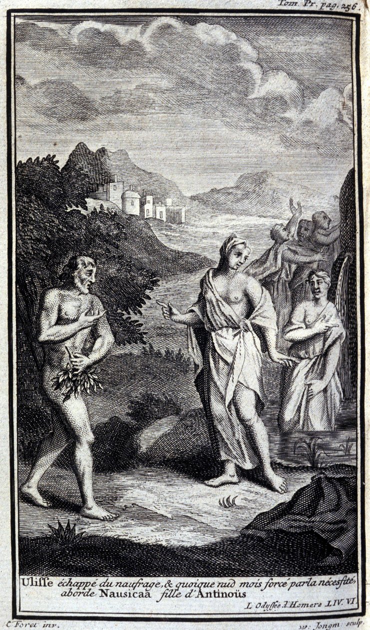 Ulises escapa del naufragio, y aunque desnudo pero forzado por la necesidad se acerca a Nausícaa, hija de Antínoo (Antinoos). Ilustración para el libro VI de la Odisea de Homero, en la Odisea, publicada en Ámsterdam en 1731, Milán. de Flemish School