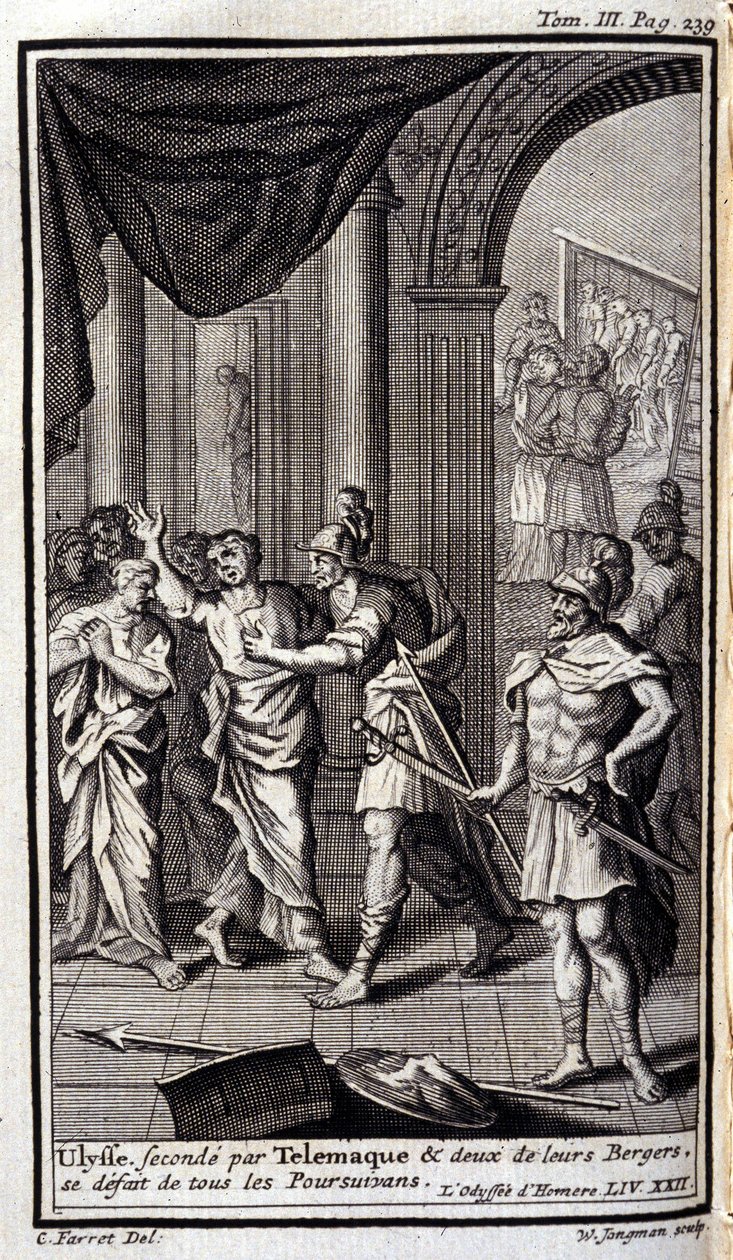 Ulises secundado por Telémaco y dos de sus pastores dispersan a todos los perseguidores. Ilustración para el libro XXII de la Odisea de Homero, en la Odisea, publicada en Ámsterdam en 1731, Colección privada Milán. de Flemish School