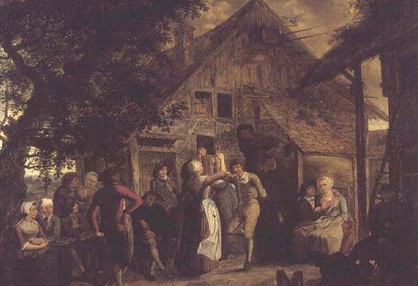Aldeanos festejando fuera de una granja de Flemish School