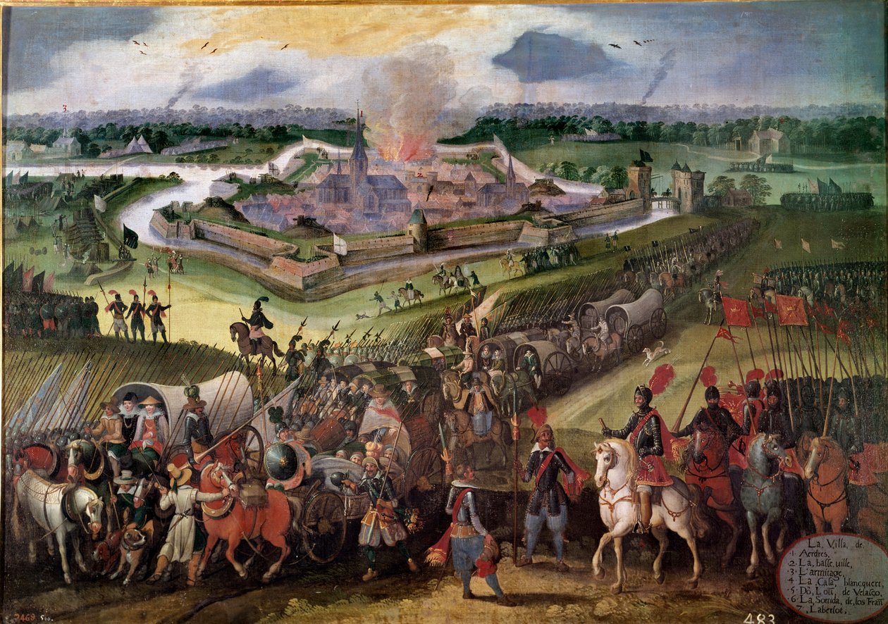 Guerra contra los Países Bajos: "Vista de la ciudad de Ardres": el Archiduque Alberto de Austria tomó la ciudad en 1596. Pintura de la Escuela Flamenca del siglo XVII. Real Monasterio de El Escorial, El Escorial, España de Flemish School
