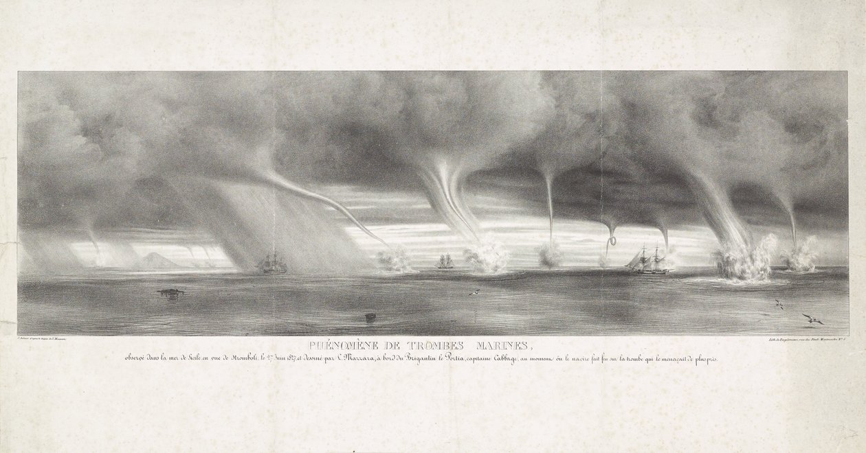 Waterhozen op zee bij Sicilia, 1827 Fenómeno de trombas marinas, observado en el mar de Sicilia, a la vista de Stromboli, 27 de junio de 1827 (título sobre objeto) de Félix Achille Beaupoil Saint Aulaire