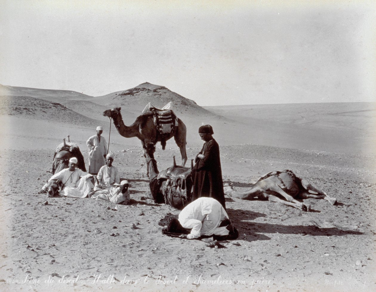 Camelleros egipcios durante una pausa en el desierto. En primer plano, dos miembros del pequeño grupo parecen estar rezando de Félix Bonfils