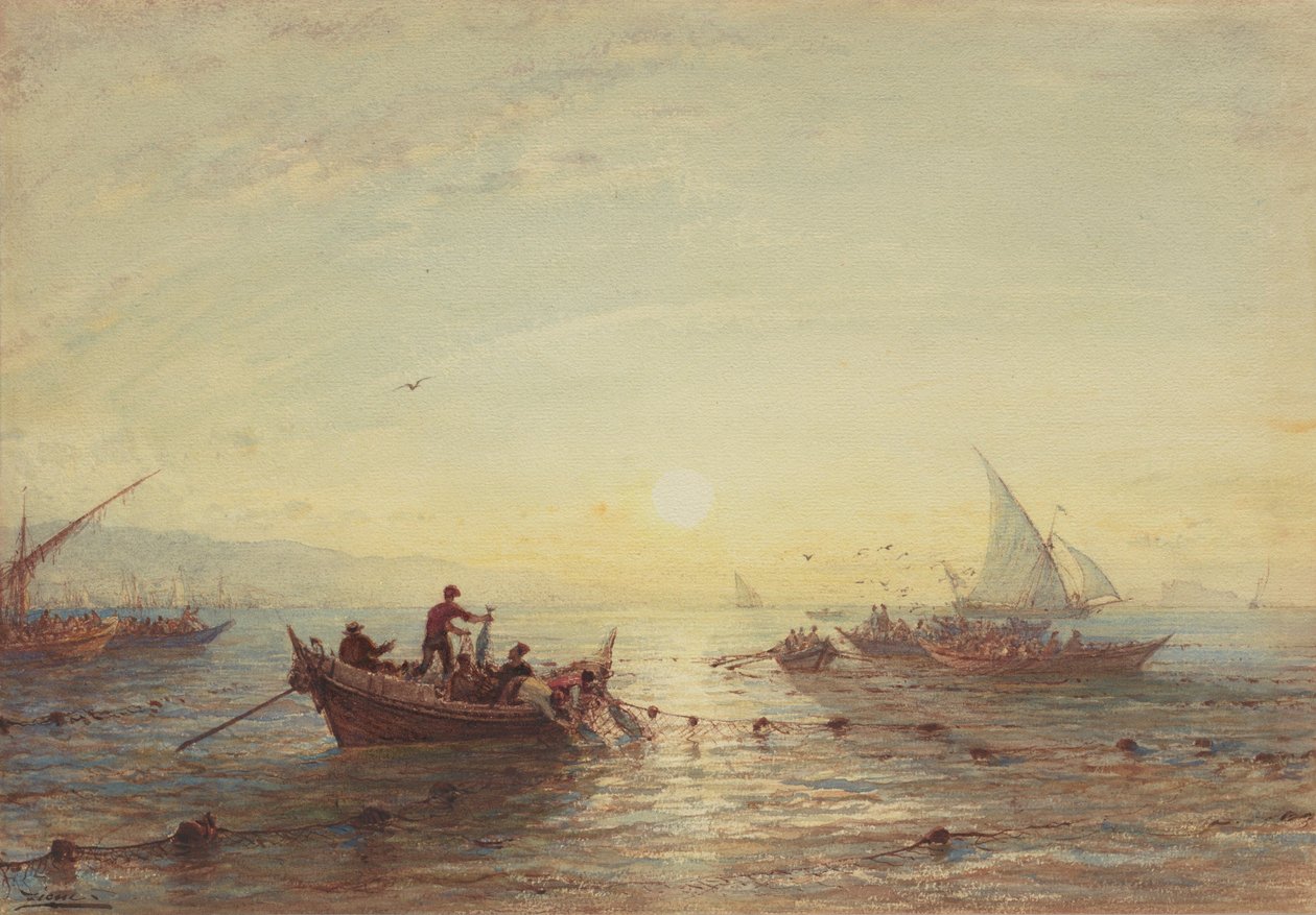 Pesca de Atún al Amanecer en la Costa cerca de Marsella de Félix Ziem