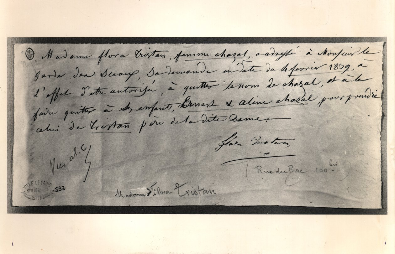 Carta autografiada de Flora Tristan (1803-44) al Ministro de Justicia francés, solicitando el divorcio, 4 de febrero de 1839 de Flora Tristan