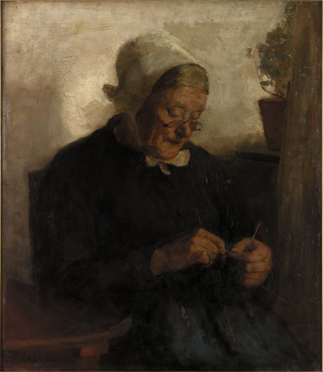 Vieja tejiendo (óleo sobre lienzo) de Florence Engelbach