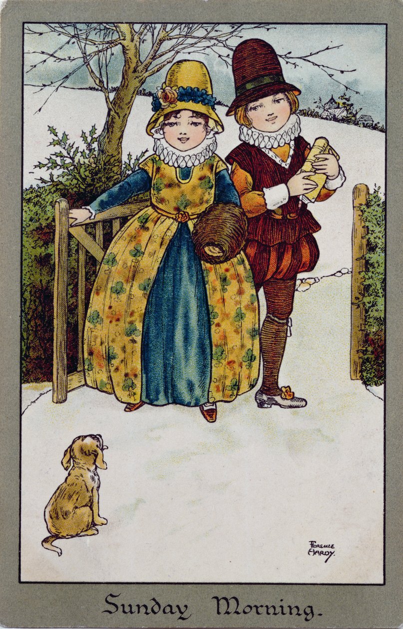 Mañana de Domingo, tarjeta victoriana (litografía a color) de Florence Hardy