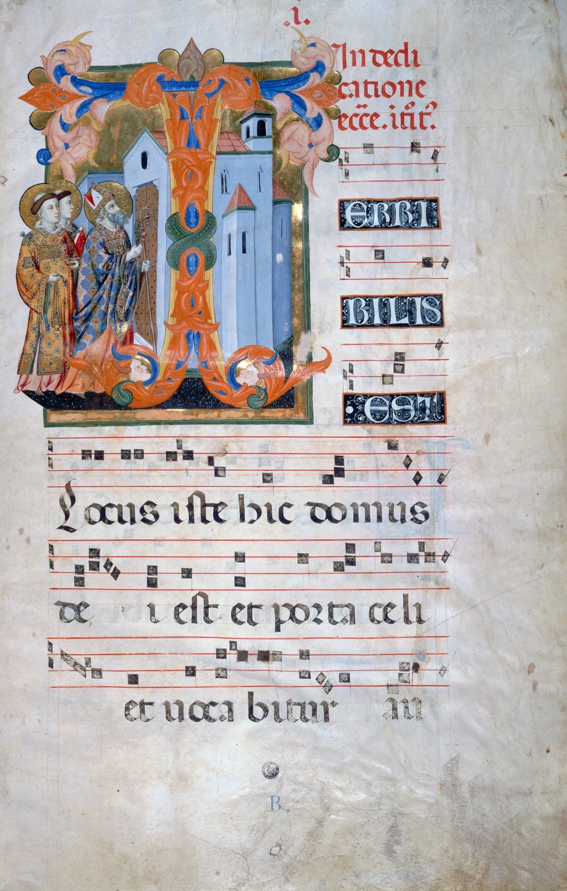 Inicial iluminada con un obispo bendiciendo una iglesia (Corale 2, c. 1), para el libro de coro 2 de Santa Maria degli Angeli de Florentine School