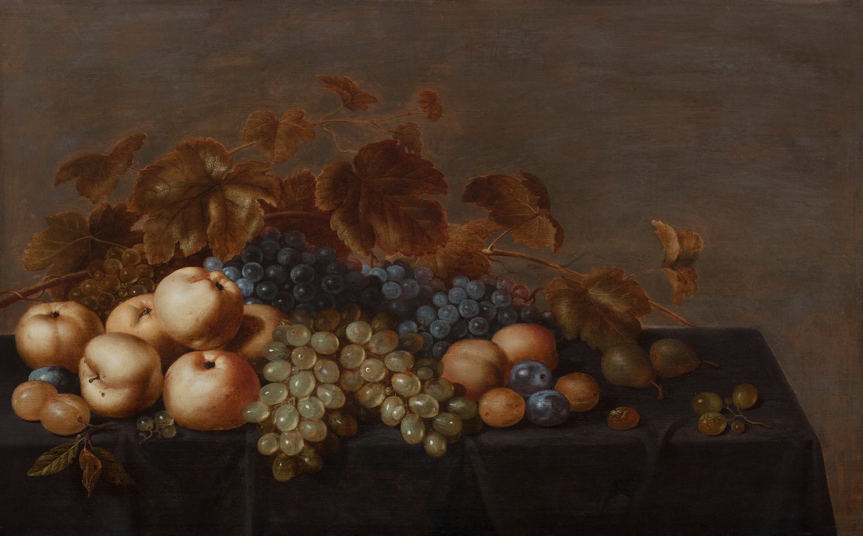 Naturaleza muerta de frutas en una mesa cubierta con un paño oscuro: ciruelas, manzanas, racimos de uvas negras y blancas y peras de Floris Gerritsz van Schooten