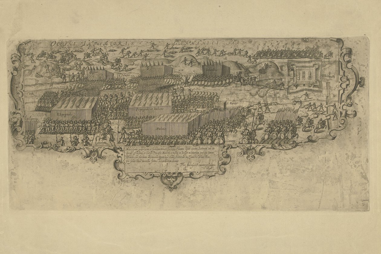 Batalla de Leffingedijk entre las tropas estatales de Ernst Casimir de Nassau y las españolas de Albrecht de Austria, 1600 de Floris Balthasarsz. van Berckenrode