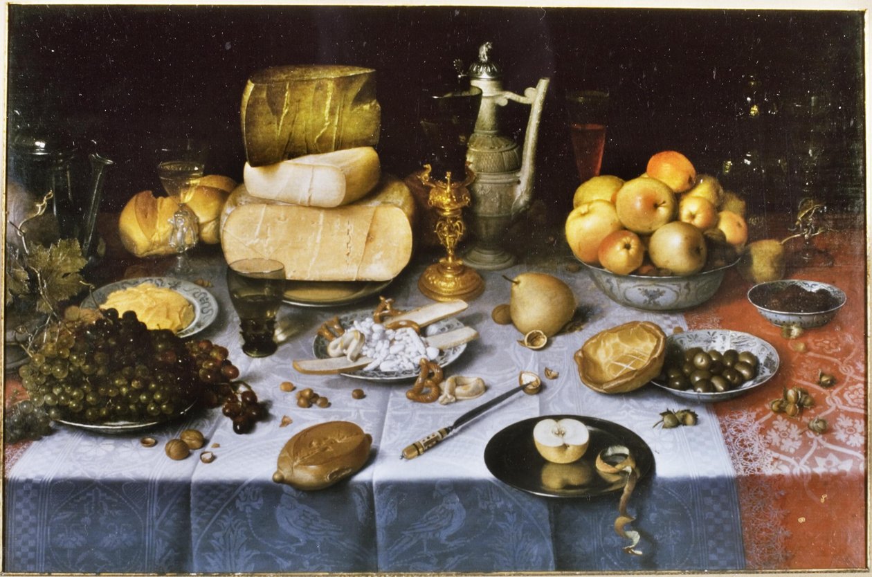 Holandés: Bodegón con fruta, queso, pan y vino Mesa puesta con queso y fruta de Floris van Dyck