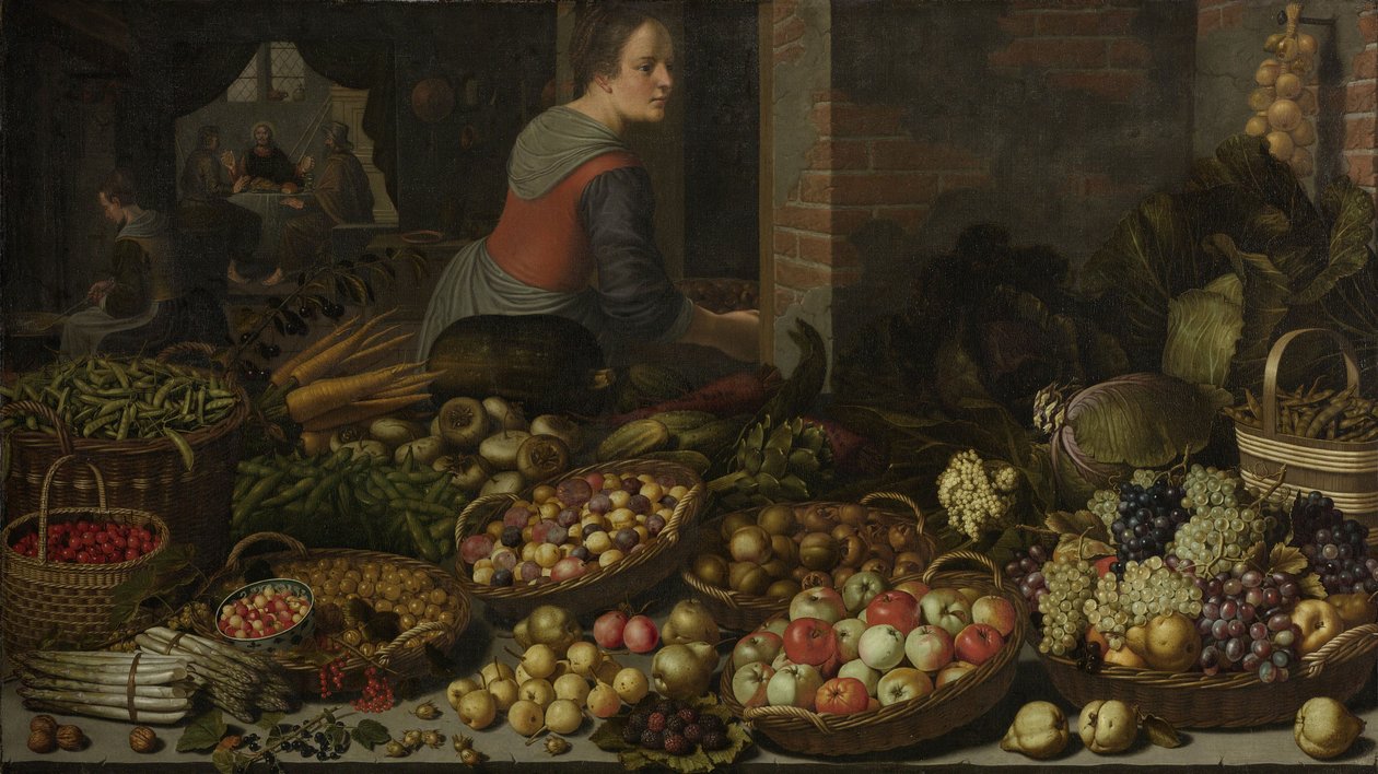Naturaleza muerta con frutas y verduras, con Cristo en Emaús en el fondo, c. 1630 de Floris Gerritsz van Schooten