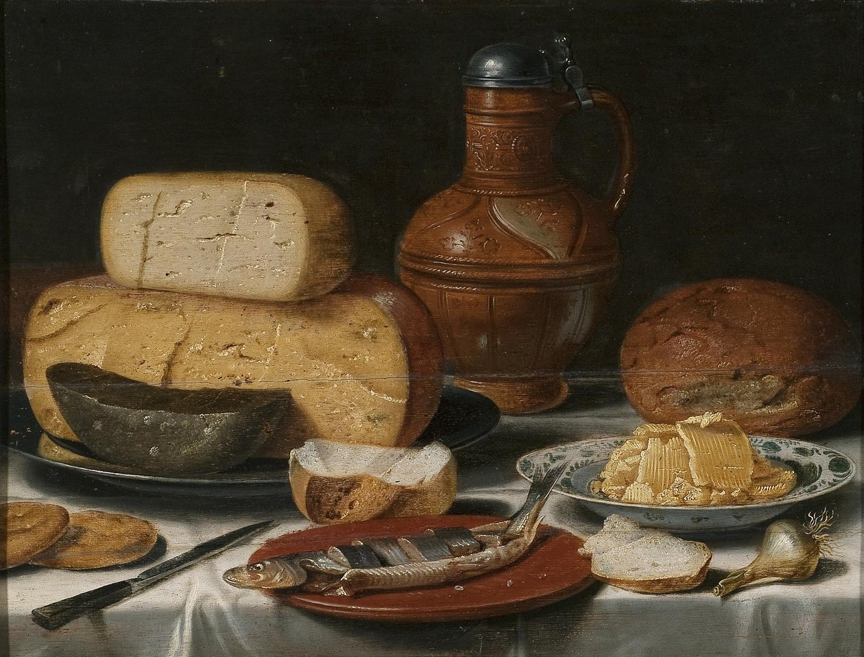 Bodegón con queso, arenque, pan y vino de Floris van Schooten