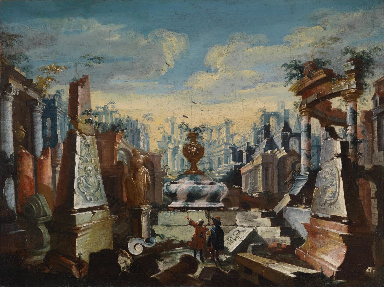 Dos hombres contemplando ruinas antiguas de Antonio Stom