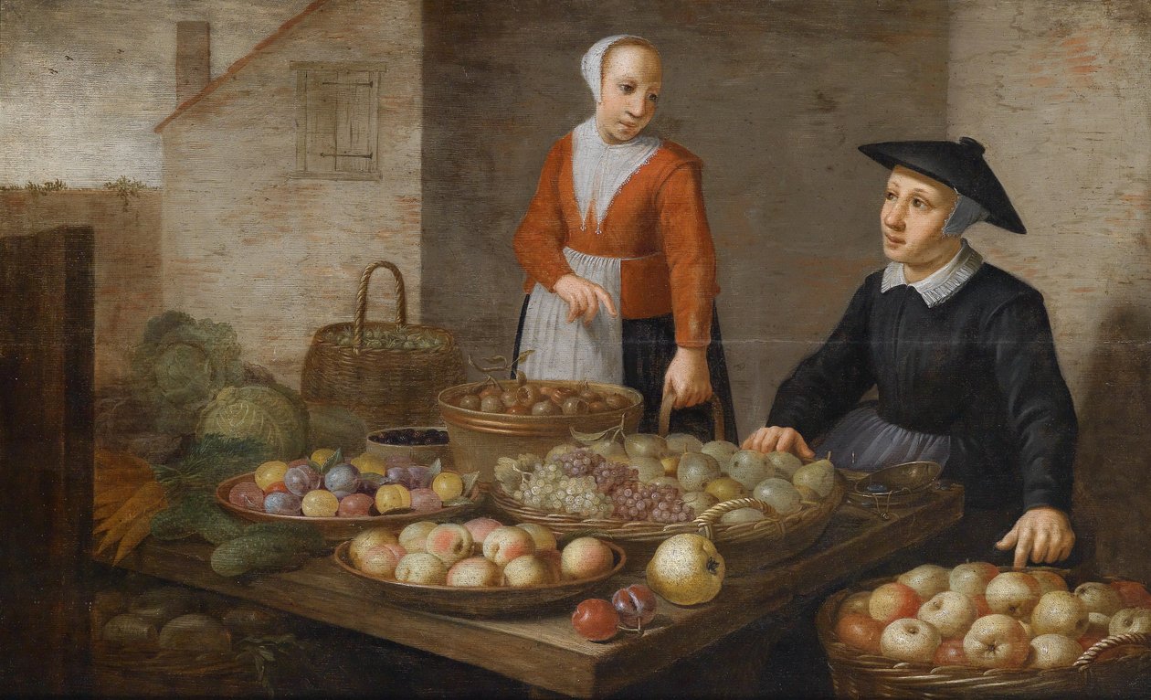 Escena de mercado con dos vendedoras de frutas y verduras de Follower of Floris van Schooten