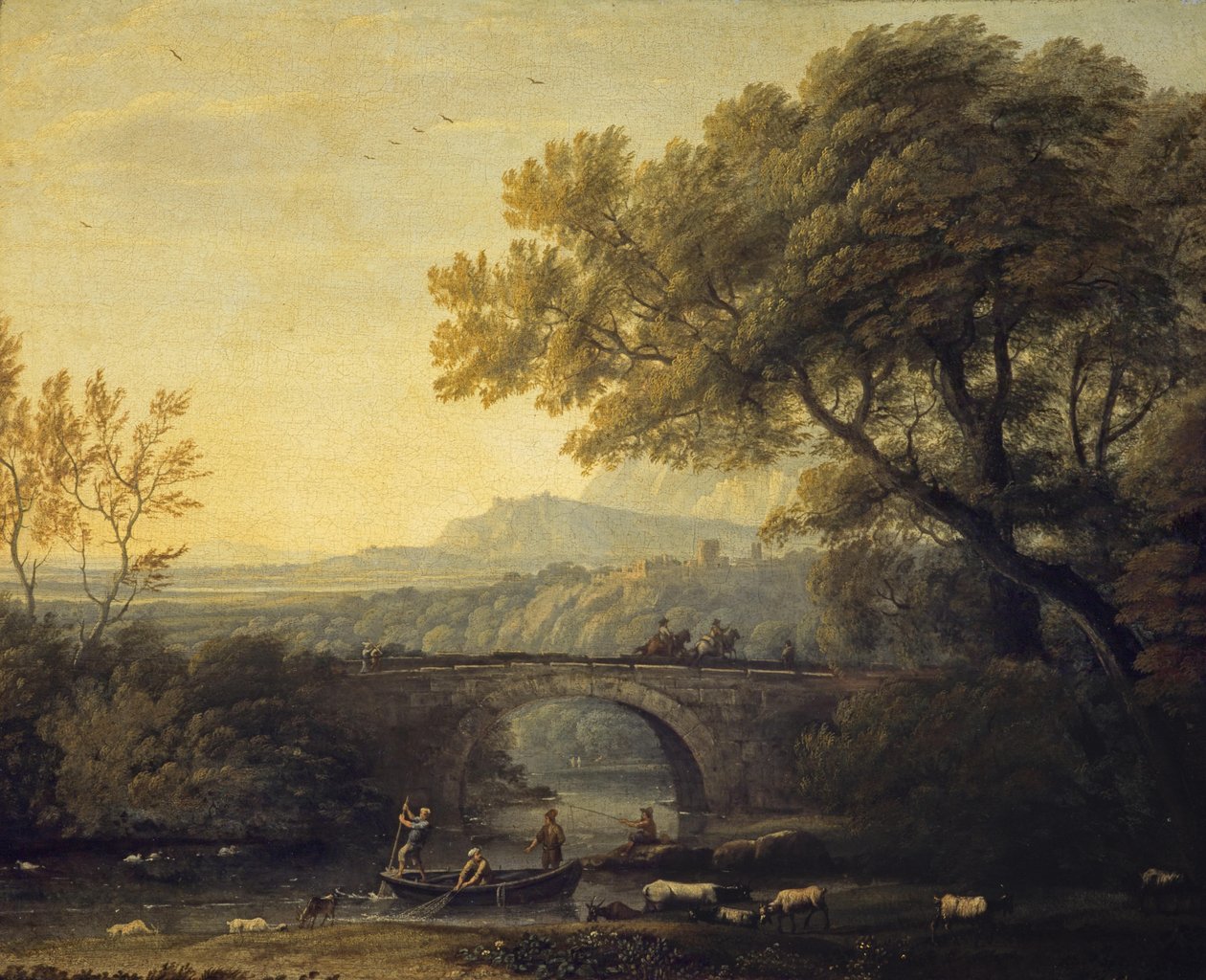 Francés:  Paysage avec un pont Paisaje con un puente de Follower of Claude Lorrain