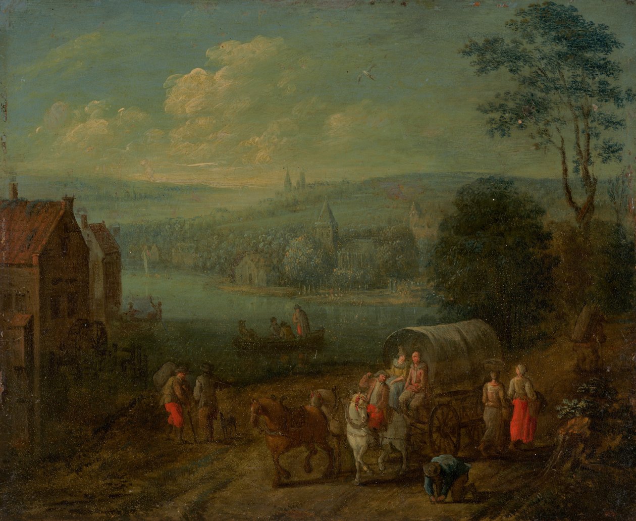 Paisaje fluvial con aldeas y viajeros [verso] de Follower of Peeter Gysels