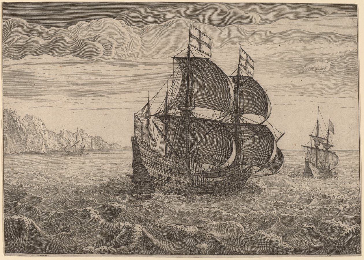 Barco a Toda Vela con Dos Banderas de Follower of Pieter Bruegel the Elder
