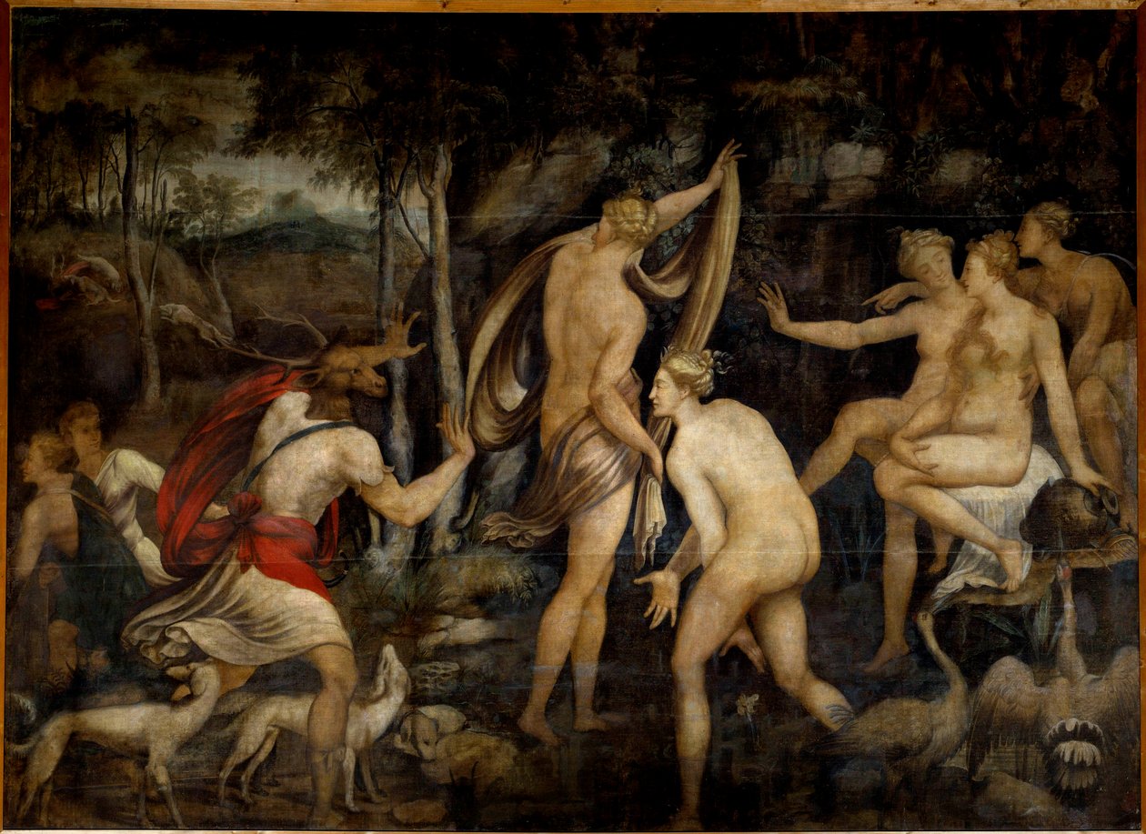 Diana (Artemisa), diosa de la caza, y Acteón, cazador. Pintura de la Escuela de Fontainebleau (siglo XVI) de Fontainebleau School