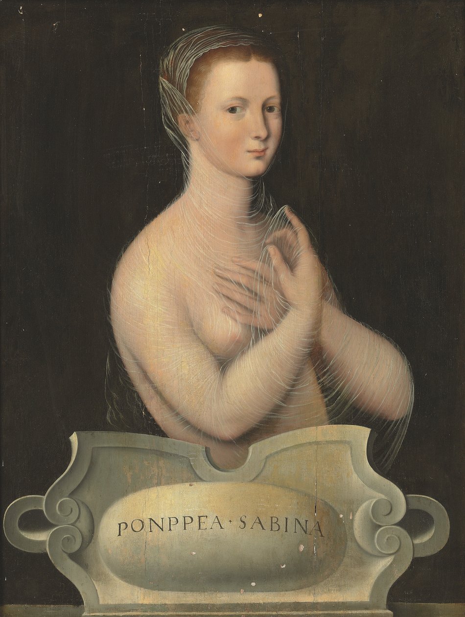Retrato de Popea Sabina, de medio cuerpo, con velo transparente, delante de una cartela de piedra (óleo sobre tabla) de Fontainebleau School