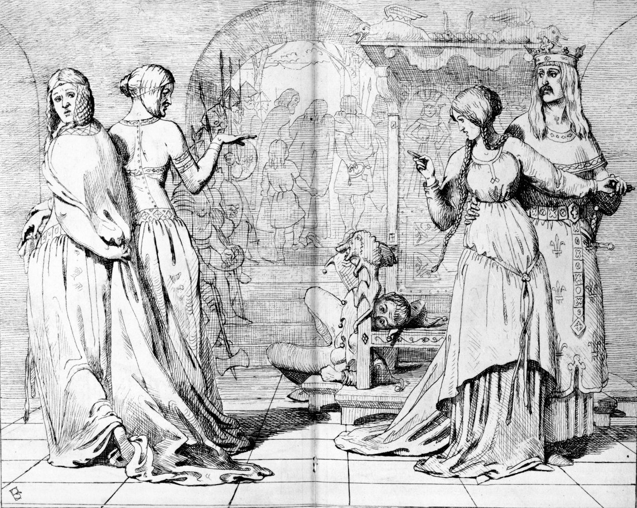 Cordelia llevada por Goneril y Regan, ilustración de 