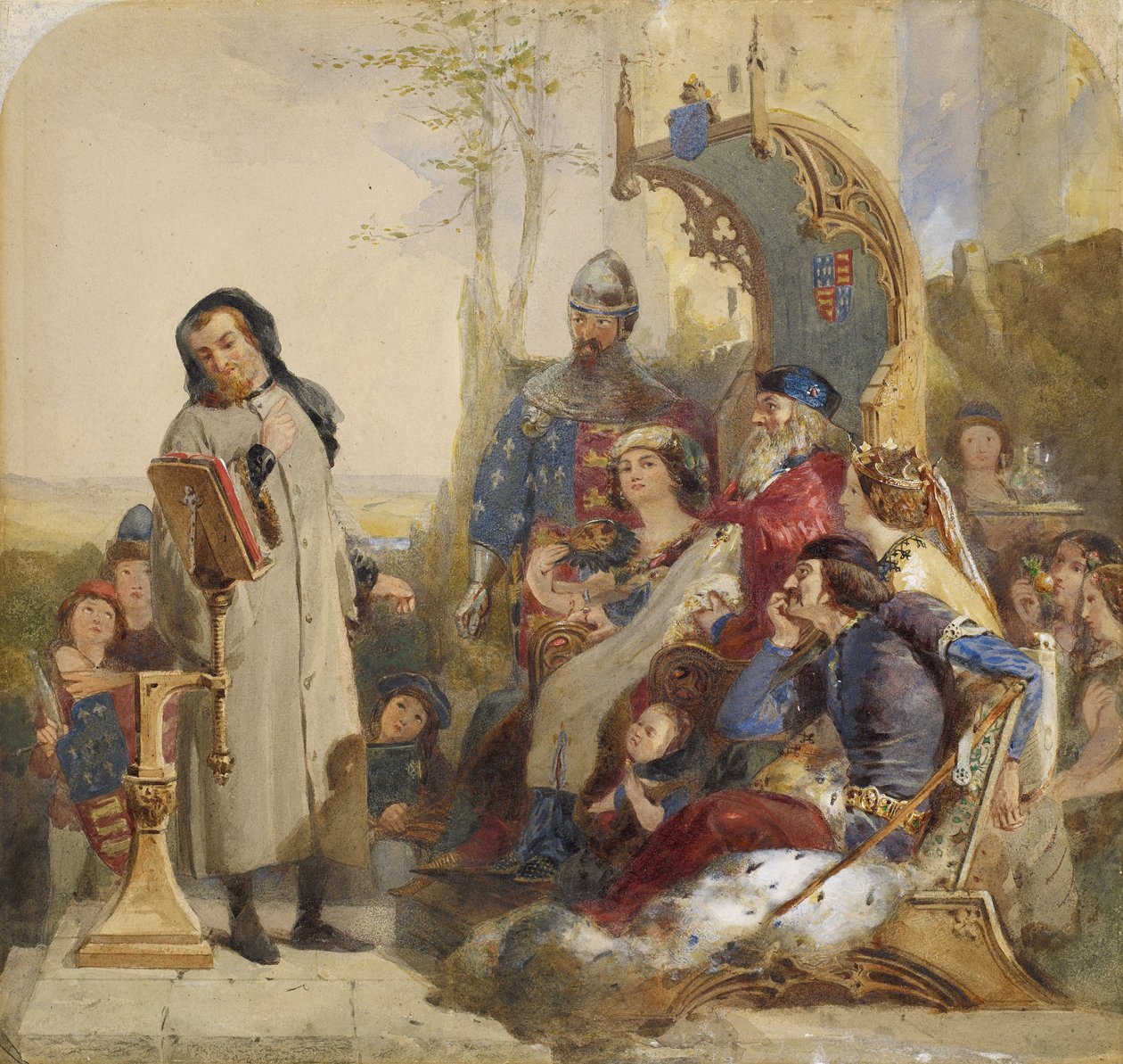 Chaucer en la corte de Eduardo III - Versión acuarela de Ford Madox Brown