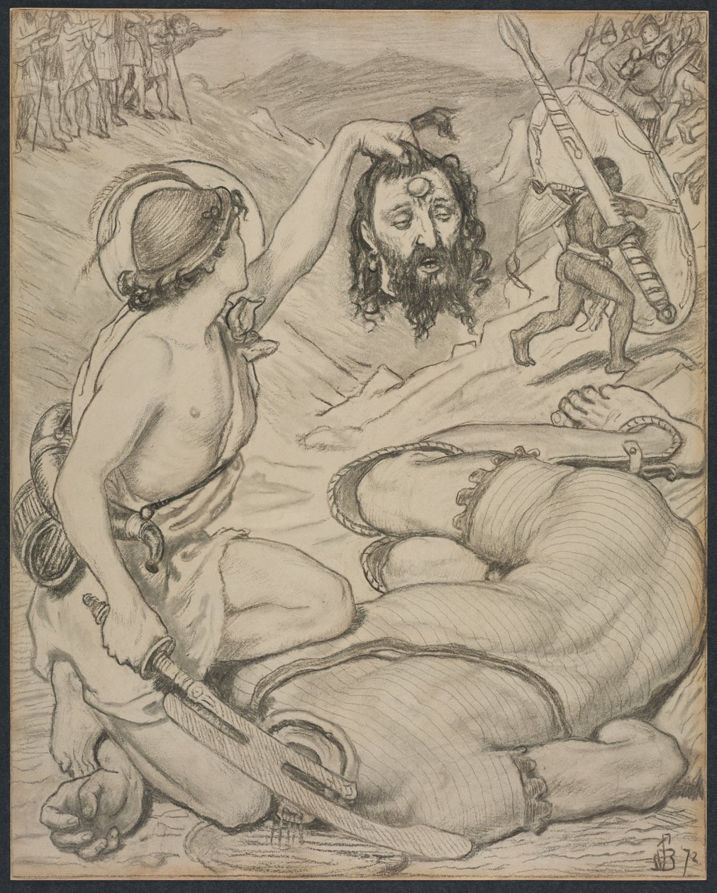 David y Goliat, caricatura para vidriera en Jesus College, Cambridge de Ford Madox Brown