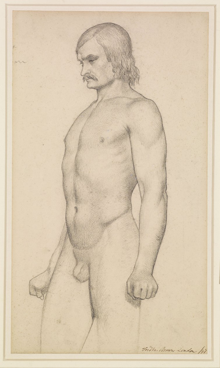 Desnudo masculino - Estudio académico, desnudo de tres cuartos, con bigote y puños cerrados de Ford Madox Brown