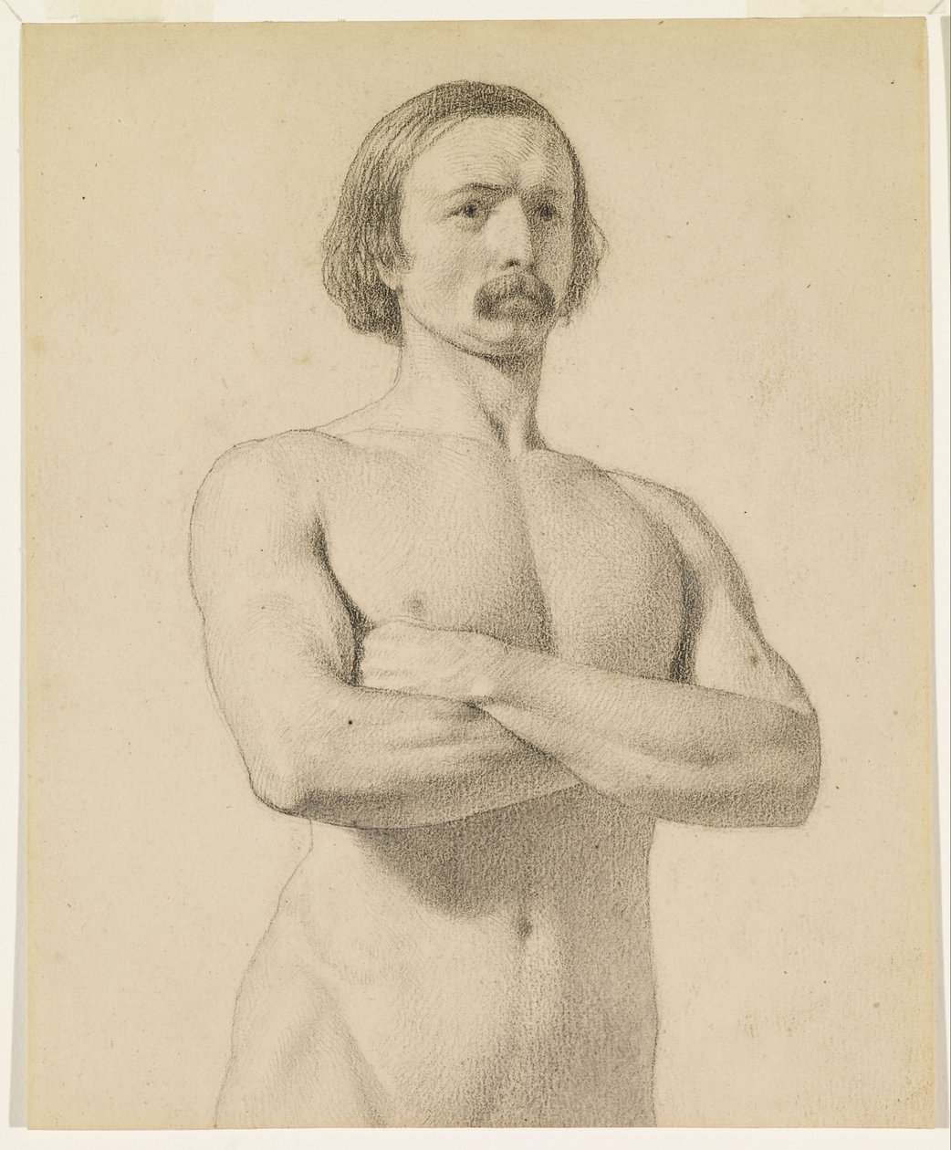 Desnudo masculino - Estudio de desnudo académico, de medio cuerpo con bigote y brazos cruzados de Ford Madox Brown