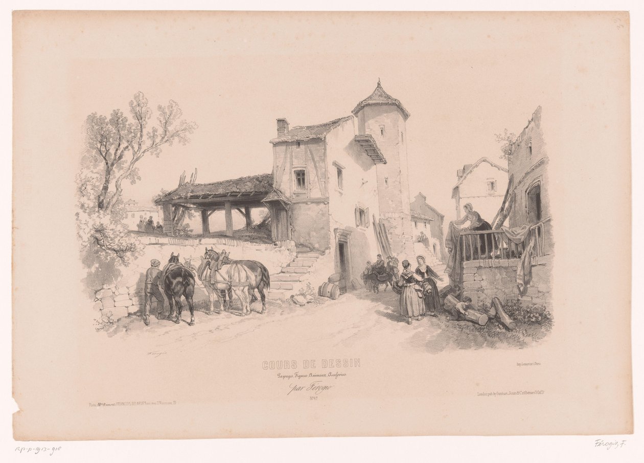 Calle del pueblo con caballos y varias figuras. Curso de dibujo con estudios de paisajes, animales y detalles (título de la serie) Curso el diseño. Paysages, figures, animaux, accessories, de Férogio (título de la serie sobre el objeto) de Fortuné Ferogio