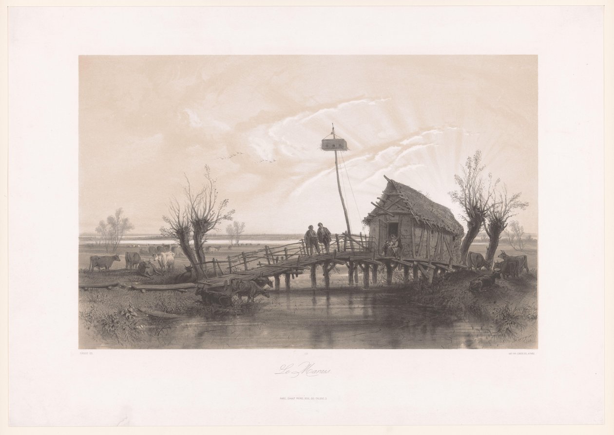 Paisaje de pantano con vacas y figuras cerca de una casa con puente
Le Marais (título en el objeto) de Fortuné Ferogio