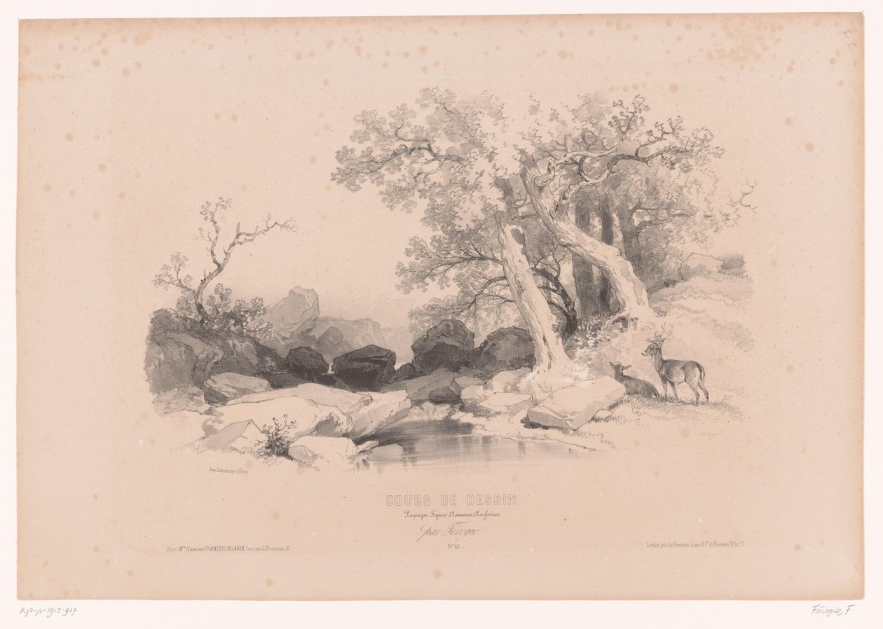Paisaje rocoso con agua y dos ciervos. Curso de dibujo con estudios de paisajes, animales y detalles (título de la serie) Curso el diseño. Paysages, figures, animaux, accessories, de Férogio (título de la serie sobre el objeto) de Fortuné Ferogio