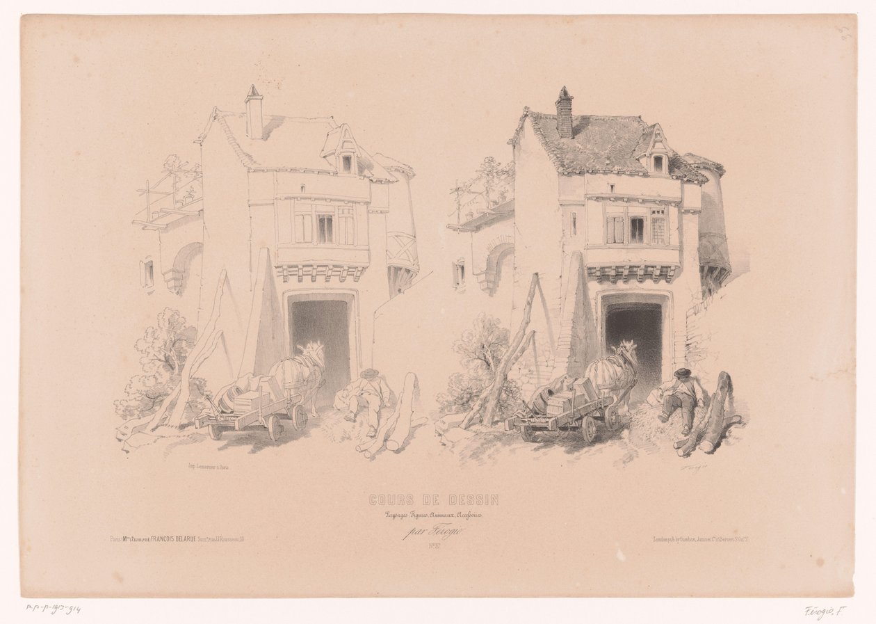 Conductor de camión con caballos y carruajes descansa en una puerta Curso de dibujo con estudios de paisajes, animales y detalles (título de la serie) Curso el diseño. Paysages, figures, animaux, accessories, de Férogio (título de la serie sobre el objeto) de Fortuné Ferogio