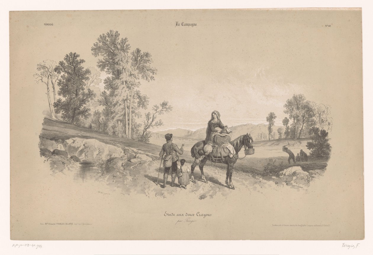 Mujer a caballo con hombre y niño en un paisaje. Estudios de escenas rurales con dos tipos de tiza (título de la serie) La Campaña. Etude aux deux crayons, par Férogio (título de la serie sobre el objeto) de Fortuné Ferogio