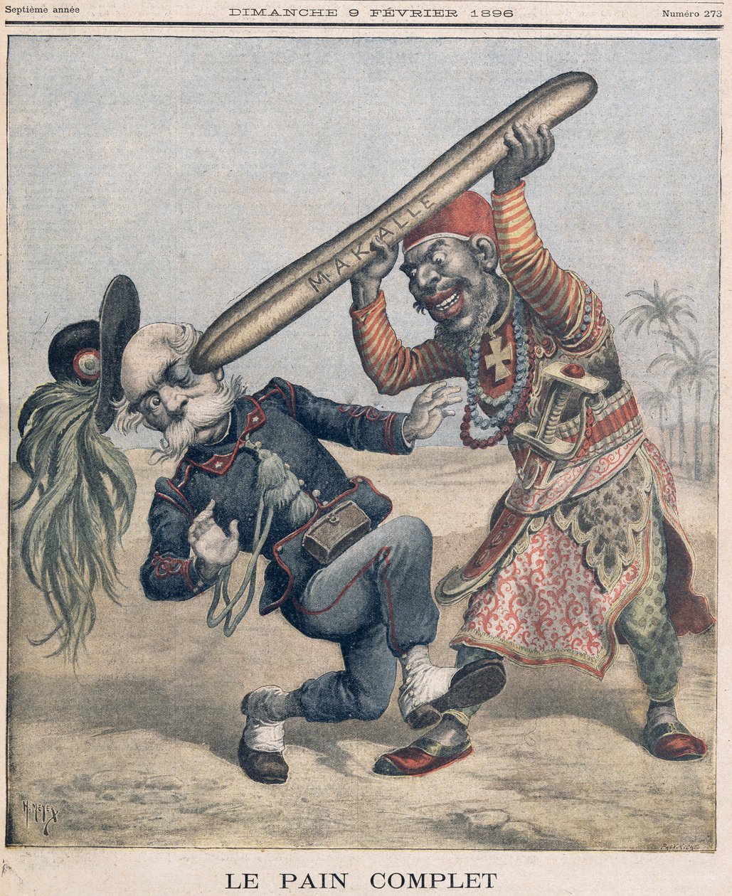 Caricatura de Francesco Crispi (1818-1901) y la derrota del ejército invasor italiano en el asedio de Makalle, Etiopía. portada de 