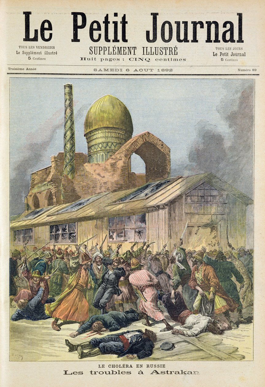 Página de título que representa los problemas en Astracán durante la época del cólera en Rusia, ilustración del suplemento ilustrado de Le Petit Journal, 6 de agosto de 1892 de Fortune Louis Meaulle and Henri Meyer