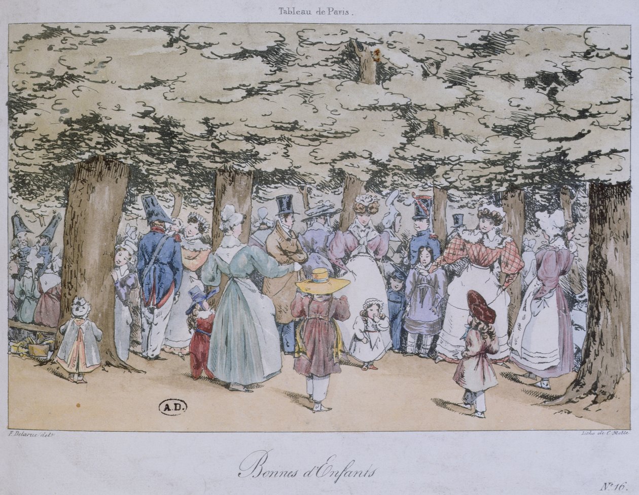 Niños y Niñeras en el Parque, de la serie Tableau de Paris, grabado por C. Motte, 1827 de Fortune Delarue