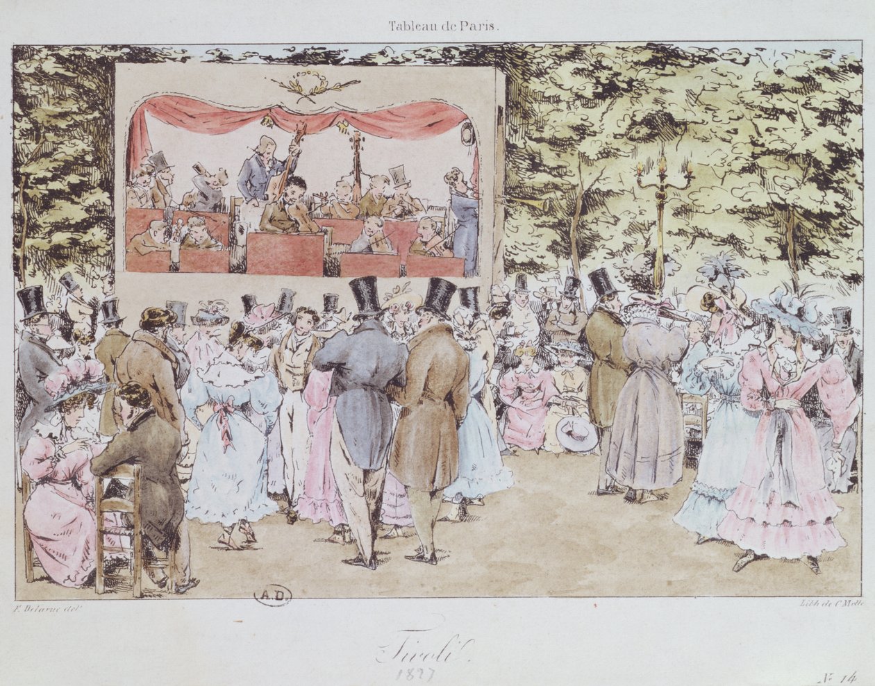 Entretenimiento musical en los Nuevos Jardines Tivoli, París, grabado por C. Motte, 1827 de Fortune Delarue