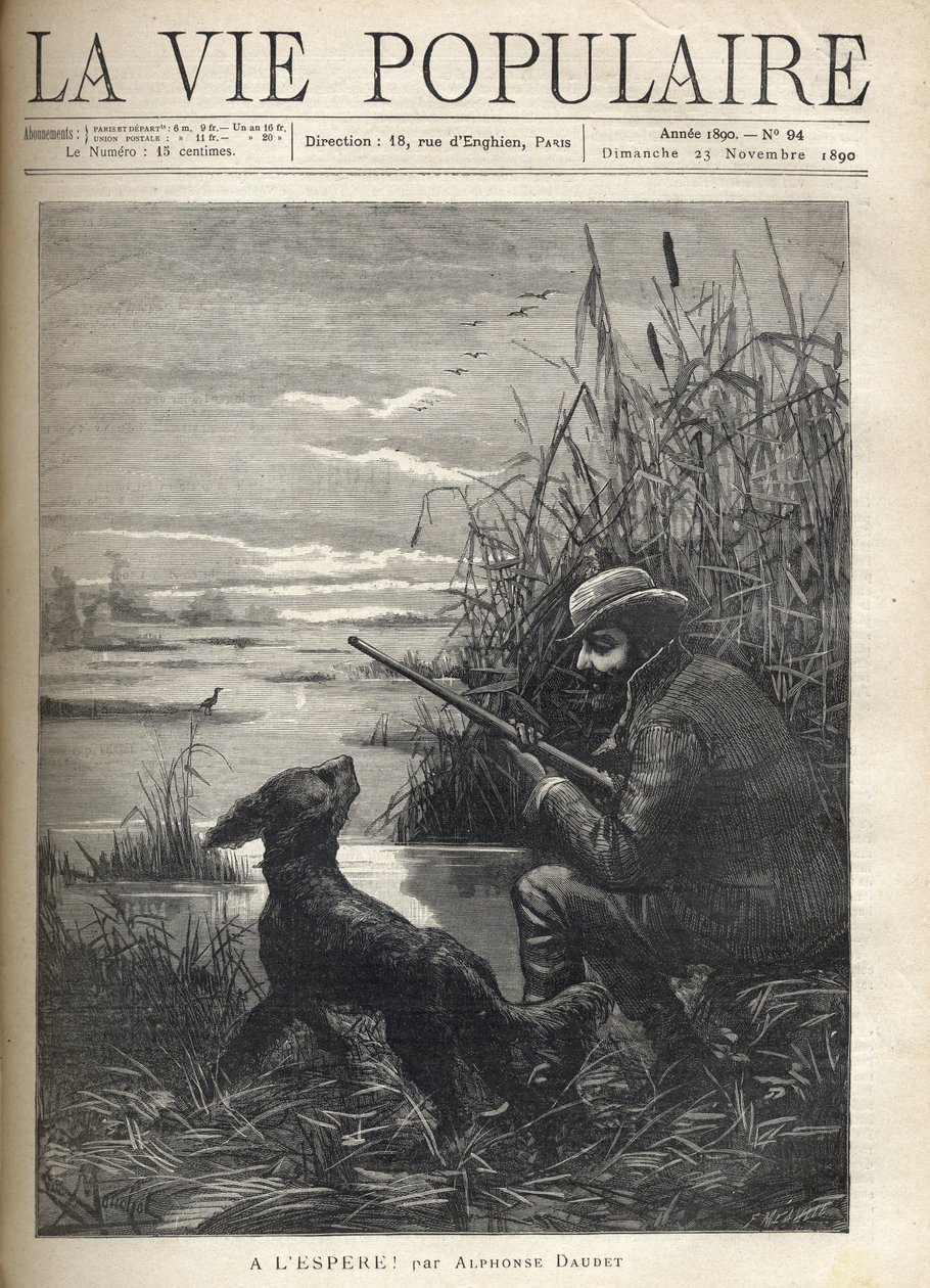 Un cazador de aves observa en un pantano con su perro. Ilustración de F. Meaulle para "¡Ojalá!" de Alphonse Daudet (1840-1897). Grabado de 1890 en "La vie populaire". Colección privada de Fortune Louis Meaulle