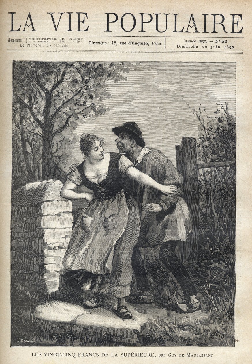 Una pareja de campesinos, el hombre con una blusa y zuecos, salta sobre la joven que lo empuja con una sonrisa y ligereza. Ilustración de E. Bertin para Les veinticinco francos de la superiora por Guy de Maupassant (1850-1893). Grabado por Fortune Meaulle  de Fortune Louis Meaulle