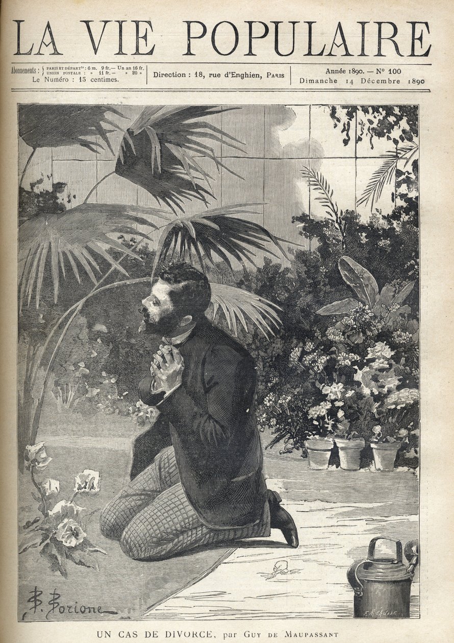 Un hombre desesperado reza de rodillas en un invernadero. Ilustración de F. Meaulle según B. Borione para 