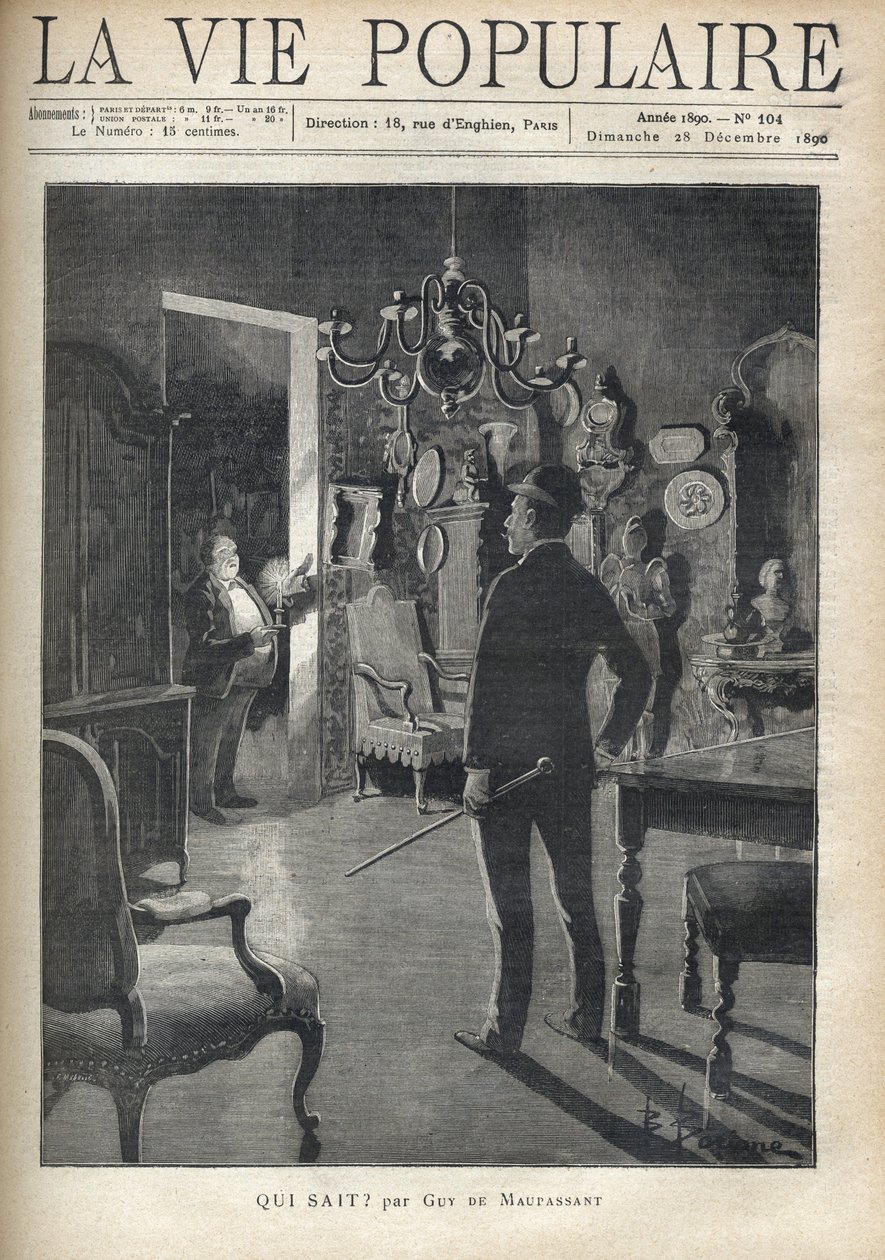 Un hombre sorprende a un intruso en casa en medio de la noche. Ilustración de F. Meaulle después de B. Borione para "¿Quién sabe?" de Guy de Maupassant (1850-1893). Grabado de 1890 en "La vie populaire". Colección privada de Fortune Louis Meaulle