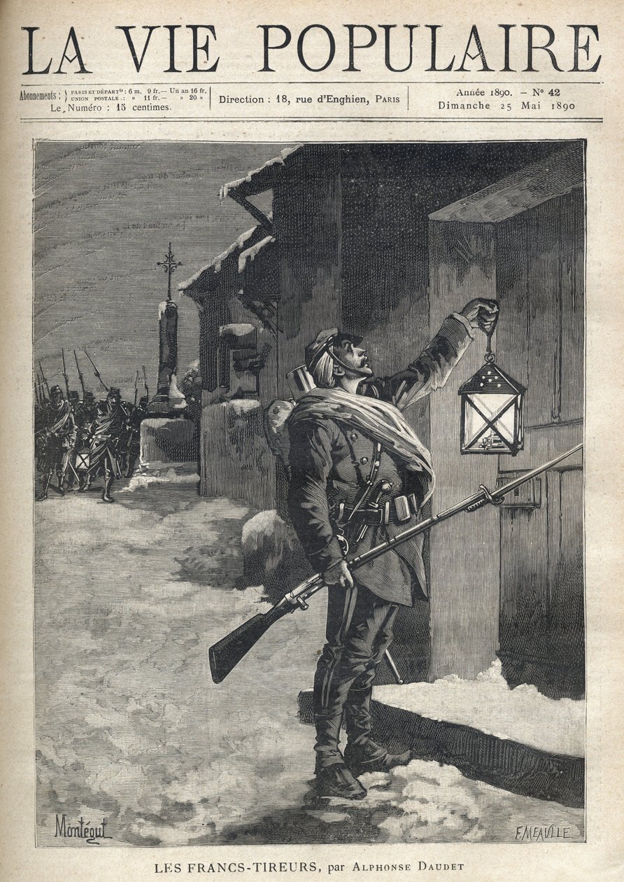 Un soldado, cargando todo su equipo, un rifle con bayoneta y agitando una linterna frente a la puerta cerrada de una casa de pueblo. Detrás de él, cerca de la Cruz de Hierro, el resto de la tropa llega para unirse a él. Ilustración de Montegut (?), para Le de Fortune Louis Meaulle