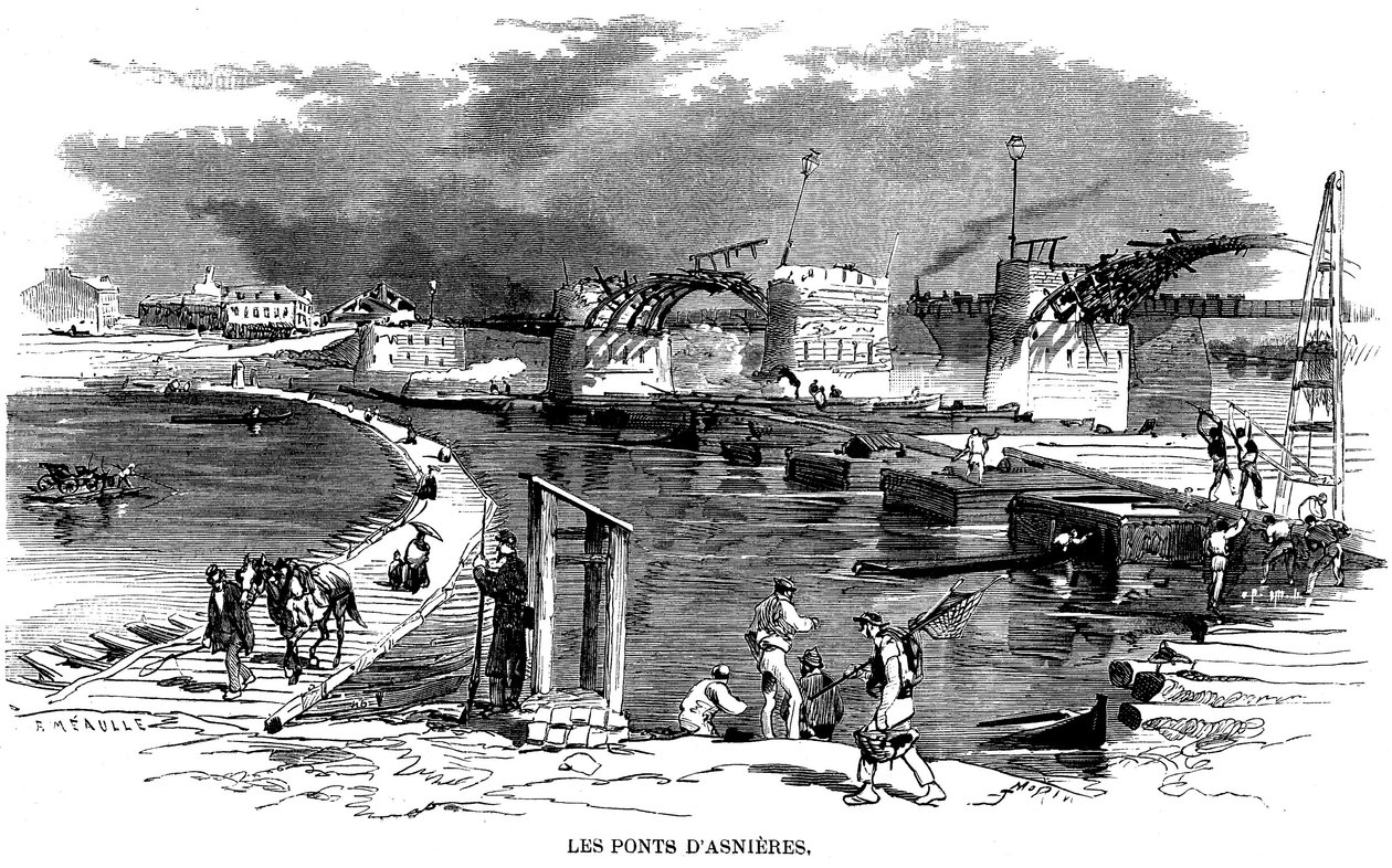 Tras el incendio del puente de Asnieres durante el sitio de París en 1870, se instaló un puente de barcas - en este grabado de Meaulle (hacia 1870), otra estructura de madera junto al puente detruit - Comuna de París -. de Fortune Louis Meaulle